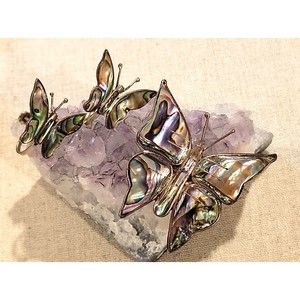 Vintage Sterling Silver MEXICO SIGNED Abalone Butterfly Brooch Earrings Rare Set
